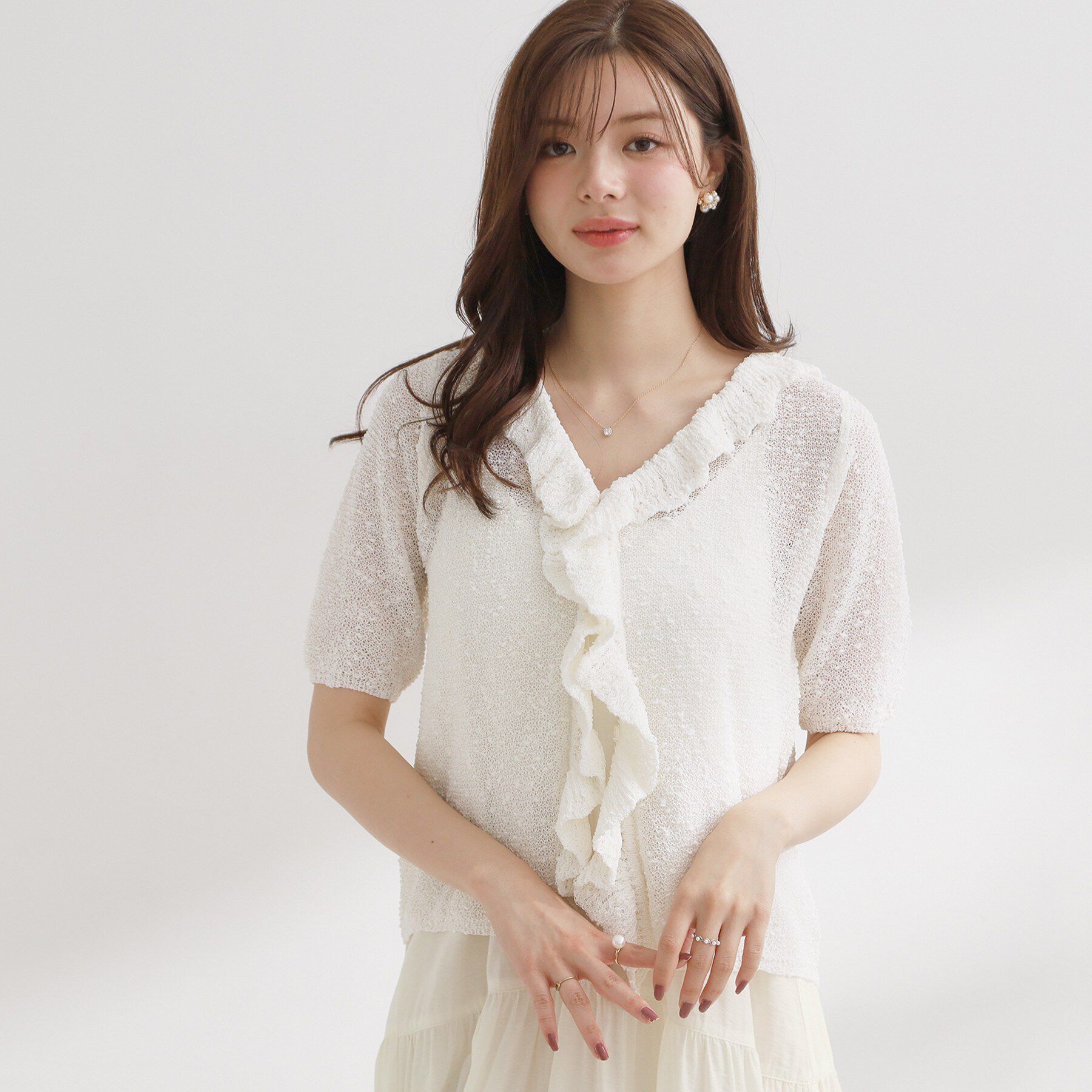 Couture broach「フリルVネックニットカーディガン」|カーディガン|