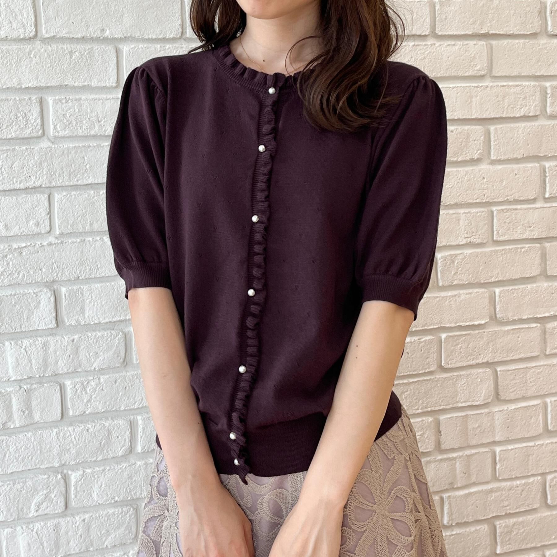 Couture broach「【洗える】透かし編み 半袖フリルカーデ」|カーディガン|