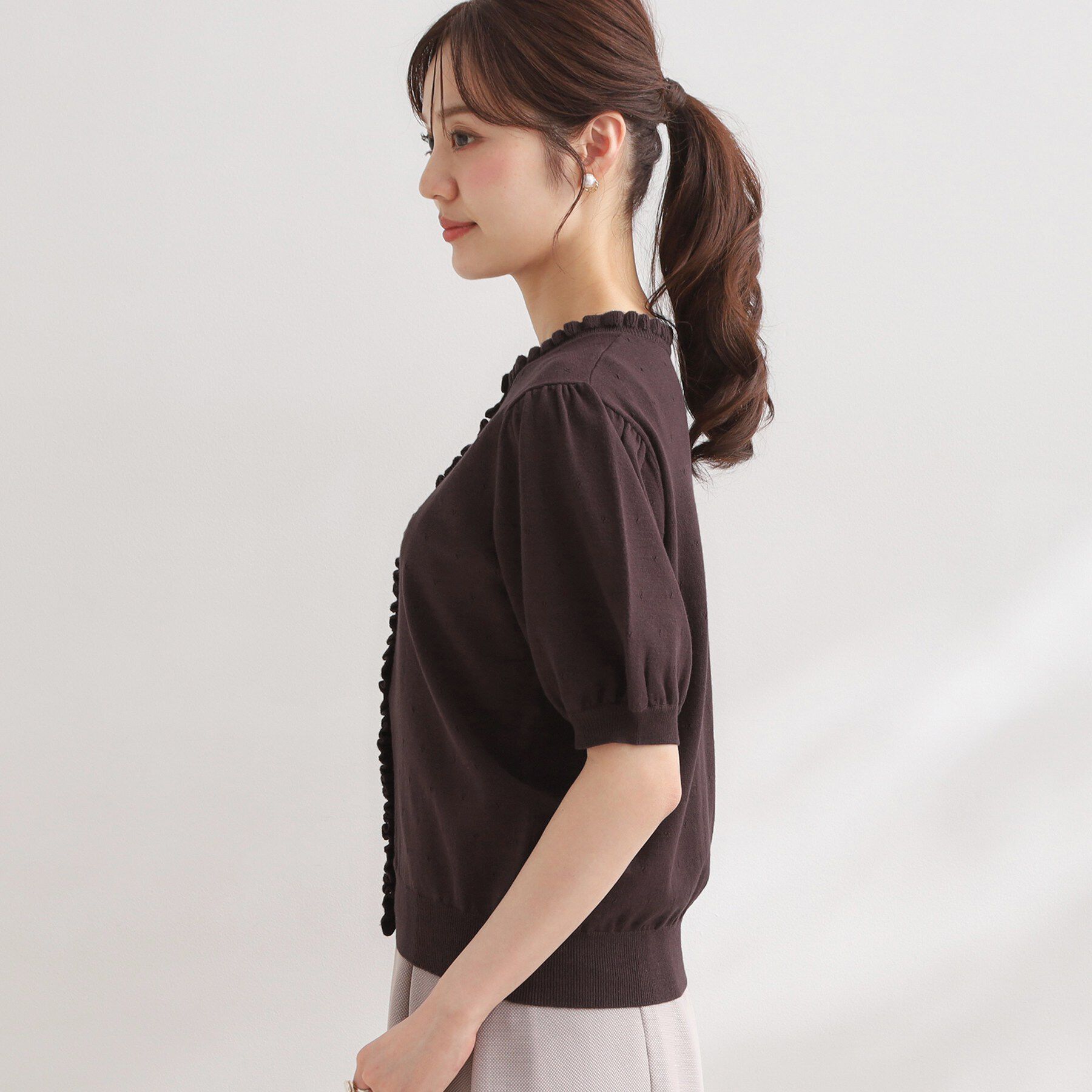 Couture broach「【洗える】透かし編み 半袖フリルカーデ」|カーディガン|