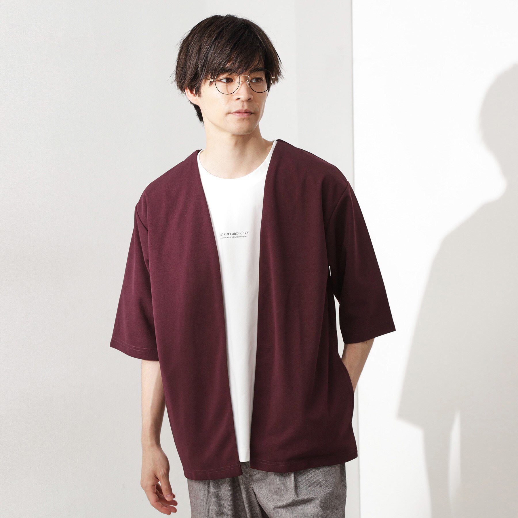THE SHOP TK「五分袖カーディガン+半袖Tシャツセットアイテム 洗濯機OK」|カーディガン|ボルドー(064)