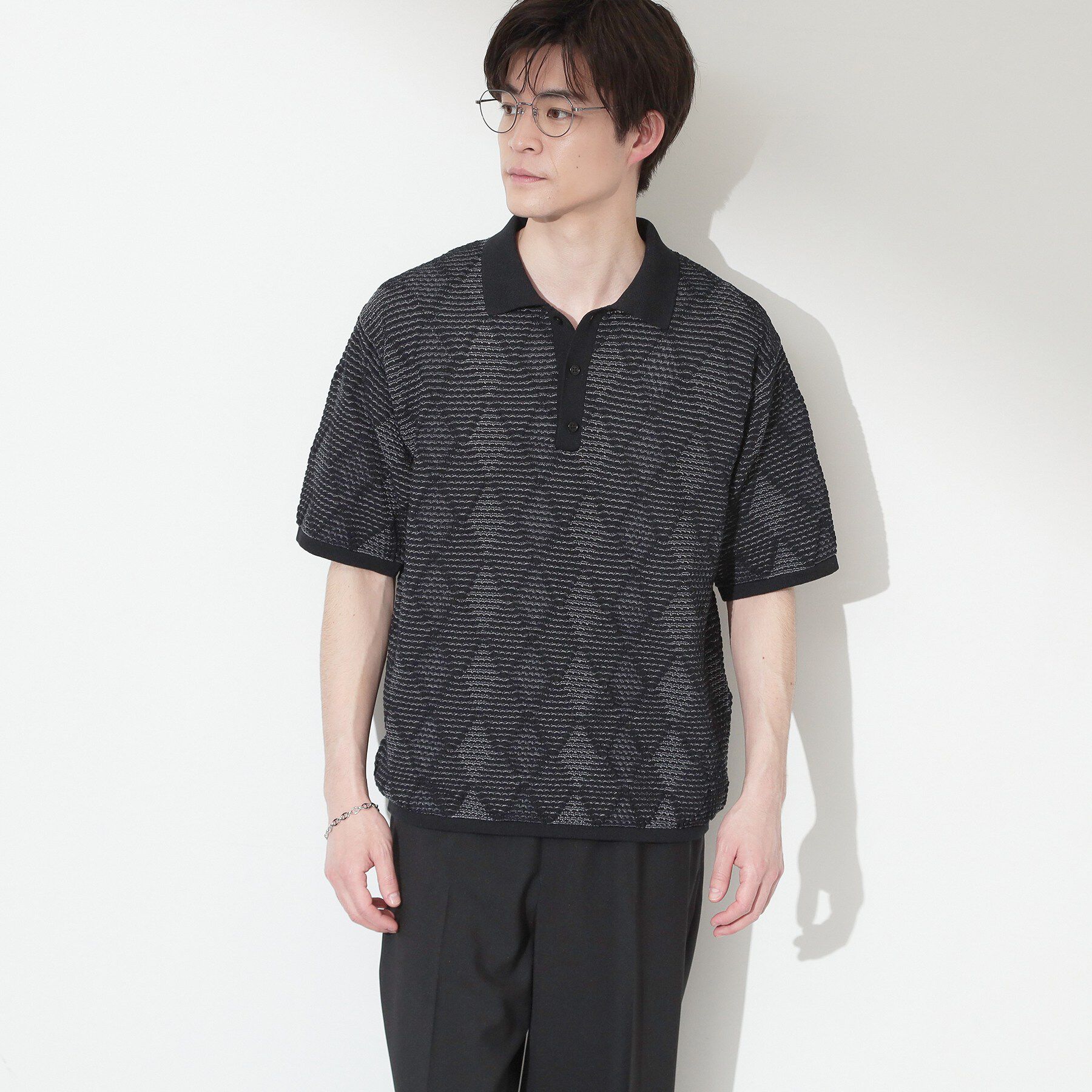 THE SHOP TK「【主張しすぎない配色バランス】アーガイルメッシュポロ半袖Tシャツ 洗濯機OK」|ニット・セーター|
