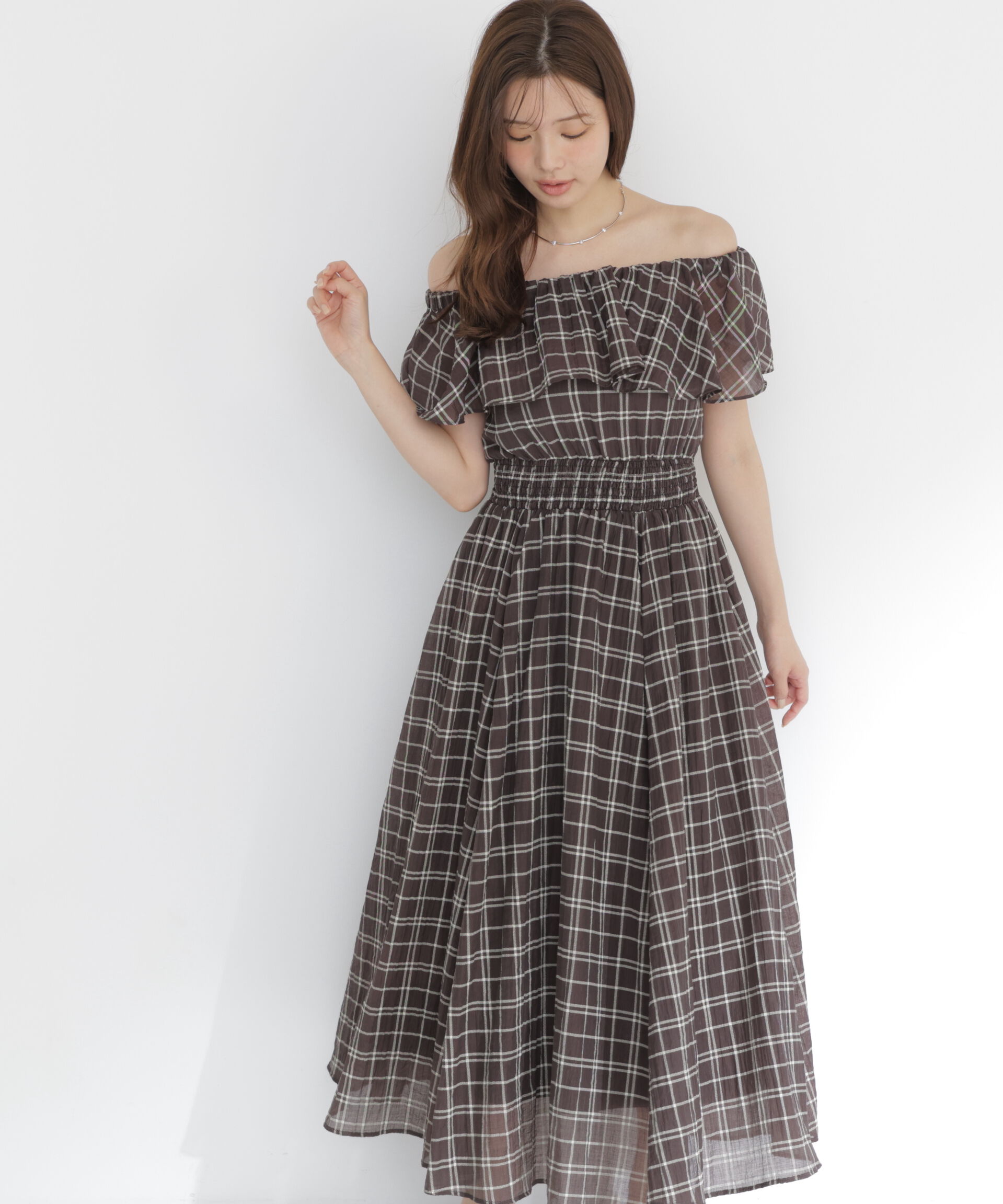 PROPORTION BODY DRESSING「シアーチェックオフショルワンピース26SS」|ワンピース|ブラウン