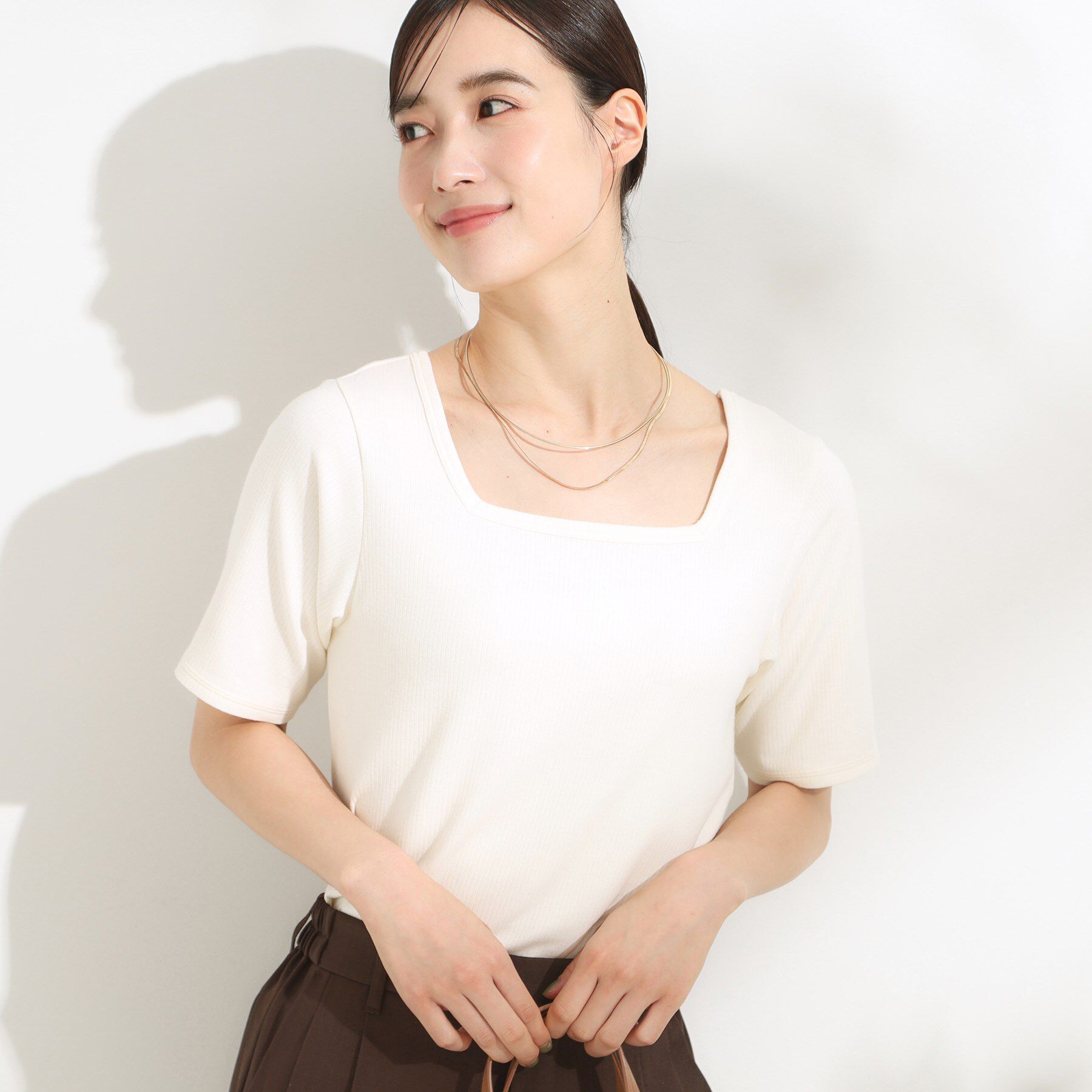 SHOO･LA･RUE「【S-LL/ひんやり/前後2WAY】シンプルだから使いやすい テレコTシャツ」|Tシャツ・カットソー|オフホワイト(003