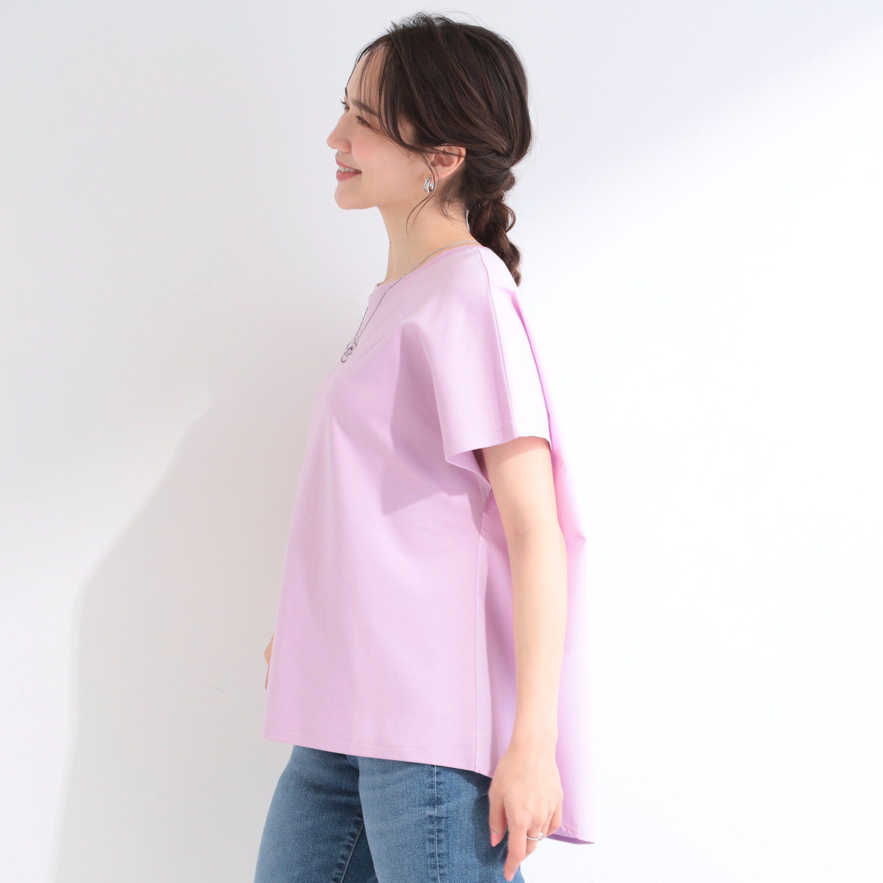 SHOO･LA･RUE「【体型カバー/S-LL】インせず着られる ひんやりシャツ素材切替Tシャツ」|Tシャツ・カットソー|