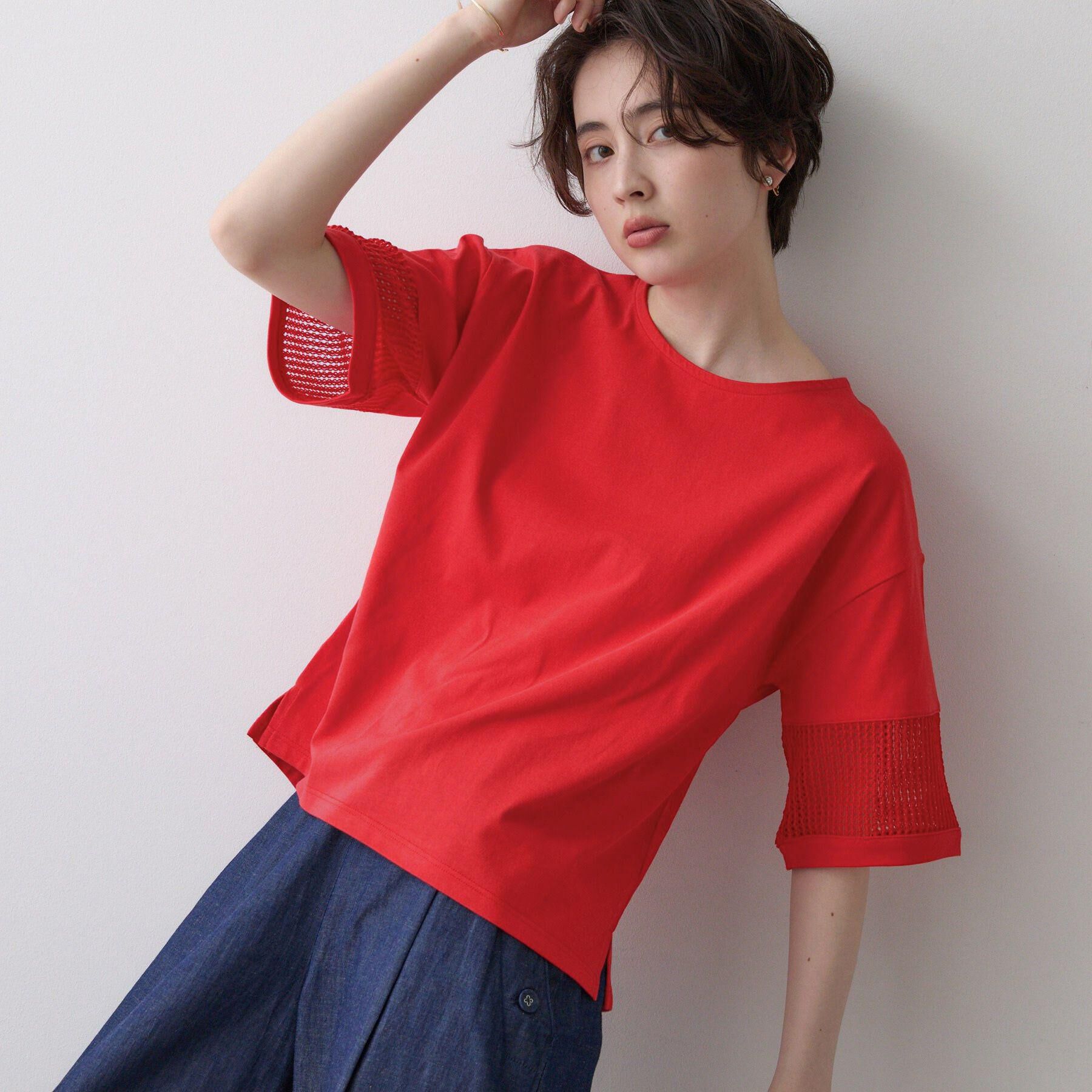 Dessin「【接触冷感】メッシュレーススリーブプルオーバー」|Tシャツ・カットソー|レッド(062)