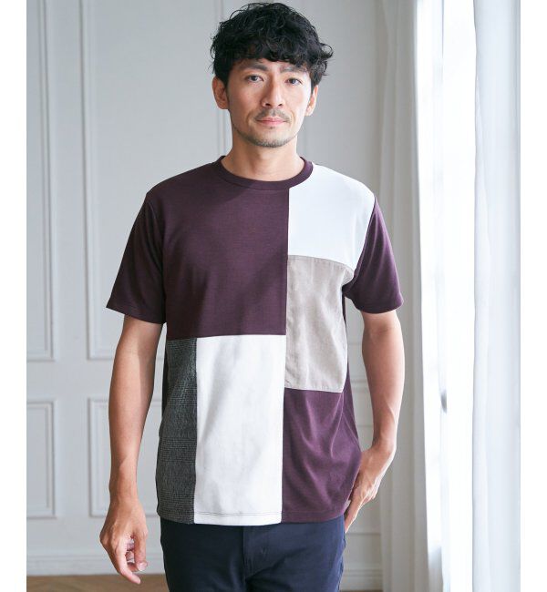 ikka「ブロックスCHスエード切り替えTシャツ」|Tシャツ・カットソー|ワイン