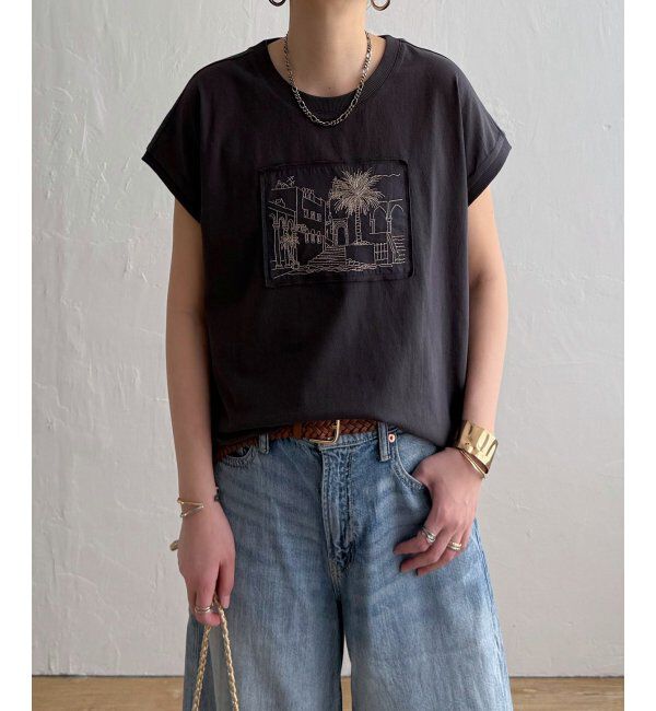 Lbc with Life「冷感フレンチスリーブ刺繍Tシャツ」|その他|チャコール