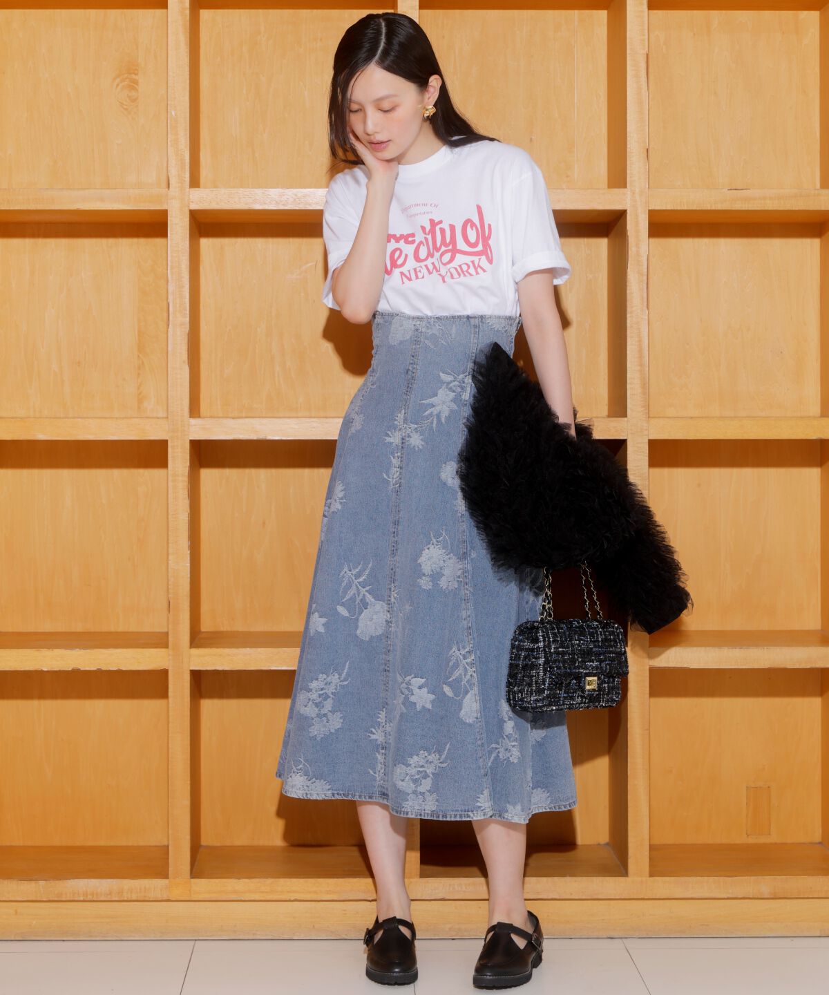 アンドクチュール「デニムフラワージャガードスカート」|スカート|サックス