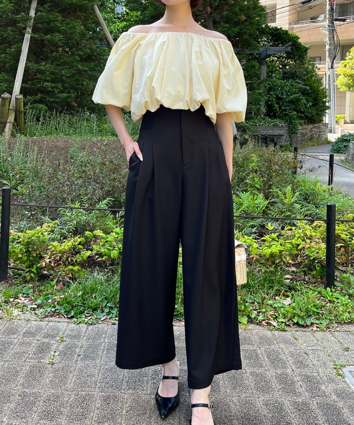 アンドクチュール「ウエストリブワイドパンツ」|その他|ブラック