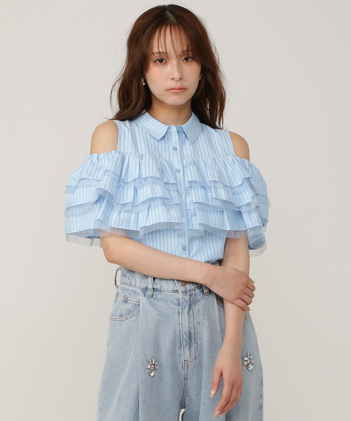 アンドクチュール「ティアードフリルブラウス」|シャツ・ブラウス|Navy/borderｽﾄﾗｲﾌﾟ