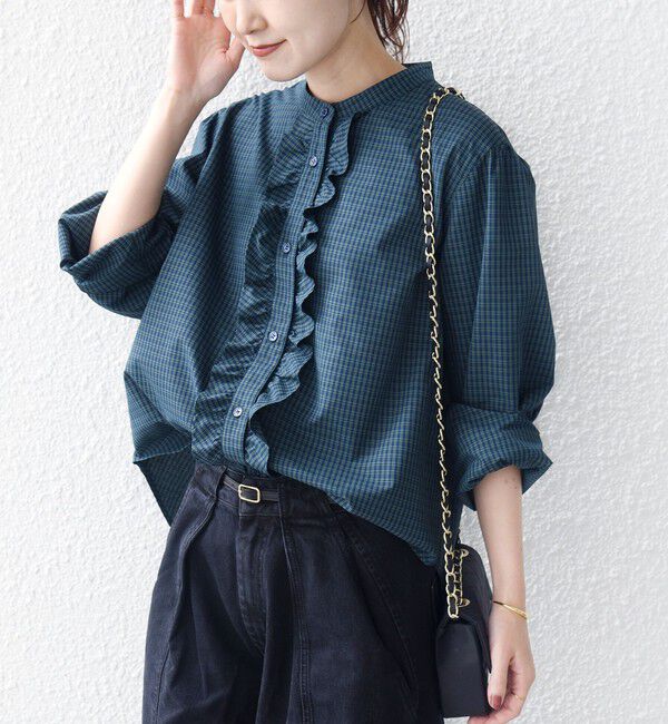 SHIPS for women「《追加予約》【WEB限定】〈手洗い可能〉チェック フリル ロングスリーブ シャツ（グリーン）」|シャツ・ブラウス|