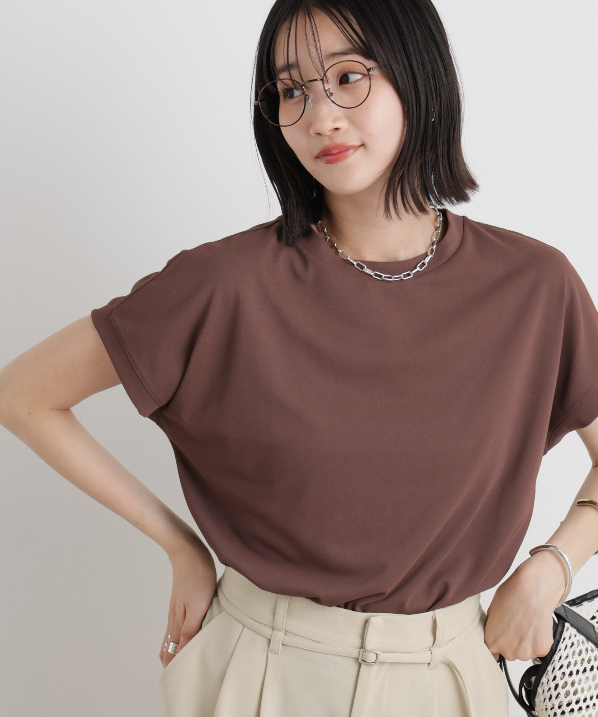 NANO universe「汗隠糸加工&多彩機能カットソー素材 ドルマンフレンチトップス」|Tシャツ・カットソー|ブラウン