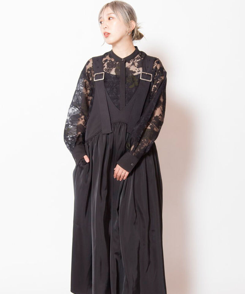  「ギャザーサロペットワンピース」|ワンピース|BLACK