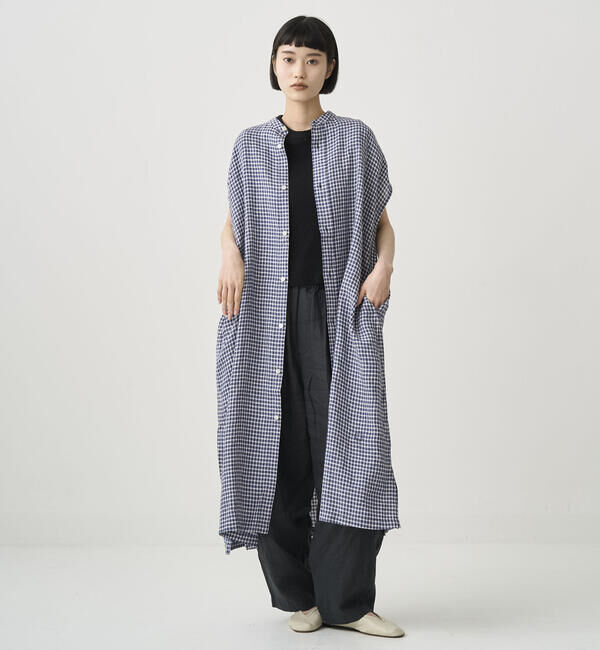 ORCIVAL「ORCIVAL | リネンチェック フレンチスリーブ シャツワンピース WOMEN」|ワンピース|NAVY系1