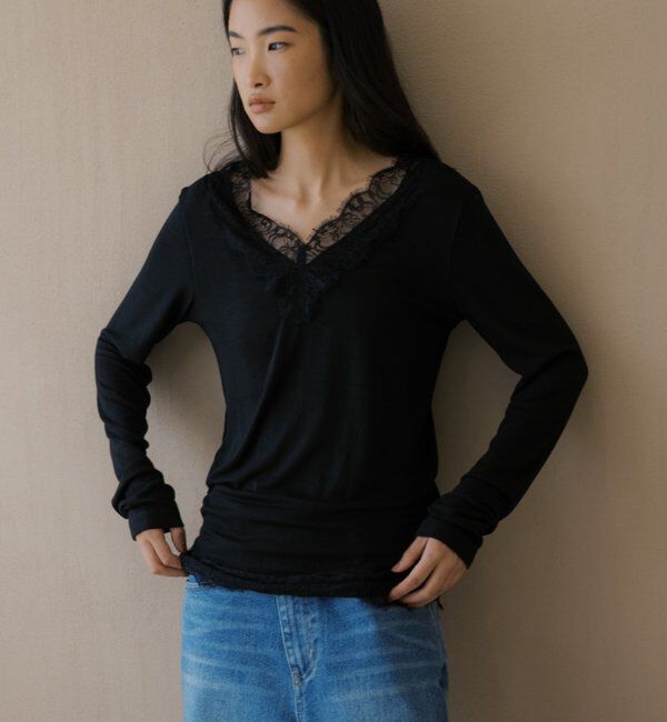  「レースドッキングカットソー」|Tシャツ・カットソー|ブラック