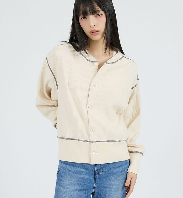 Rouge vif「【Healthknit/ヘルスニット】ARMYリブ クルーネックカーディガン/長」|カーディガン|オフホワイト