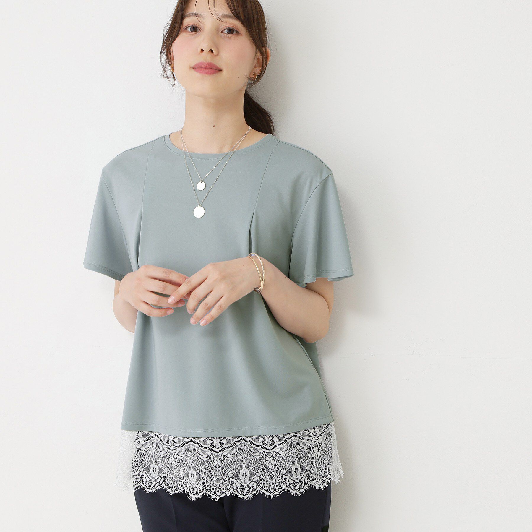 COUP DE CHANCE「【手洗い可／日本製／接触冷感】裾レースカットソー」|Tシャツ・カットソー|ブルー(091)