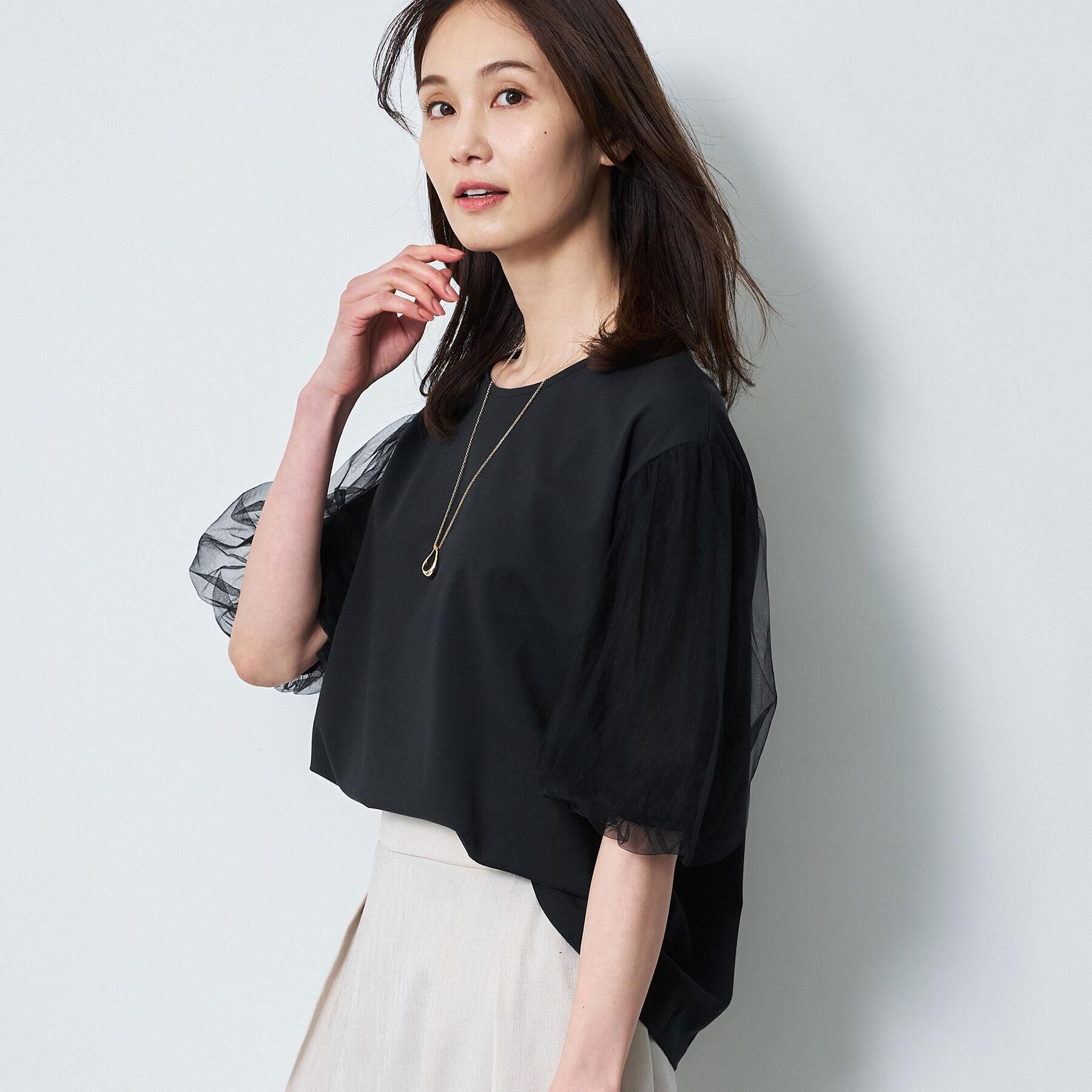 Reflect「【UVカット／接触冷感／吸水速乾】チュールスリーブプルオーバー」|Tシャツ・カットソー|ブラック(019)