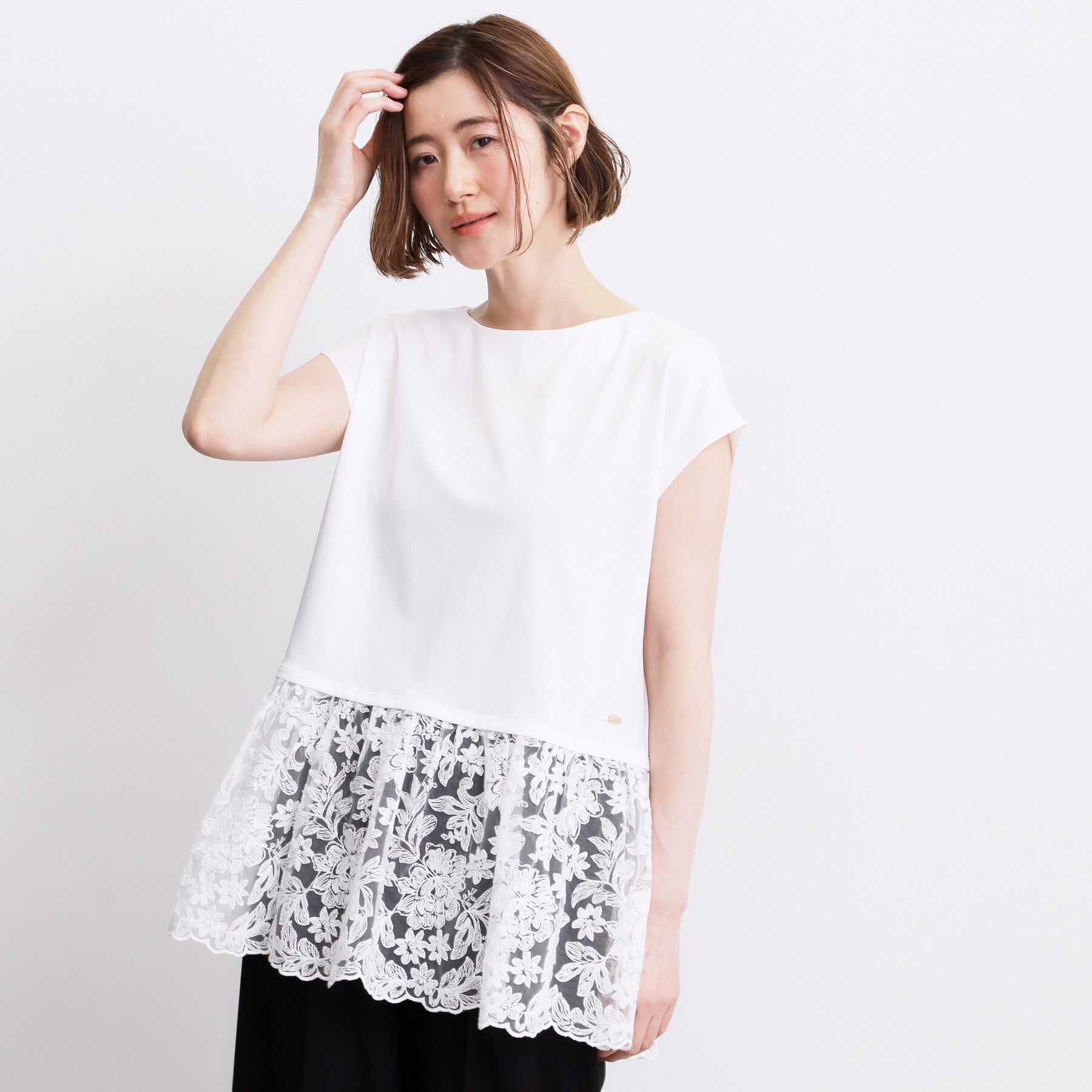 grove「【体型カバー】刺繍チュールレースドッキングカットソー」|Tシャツ・カットソー|