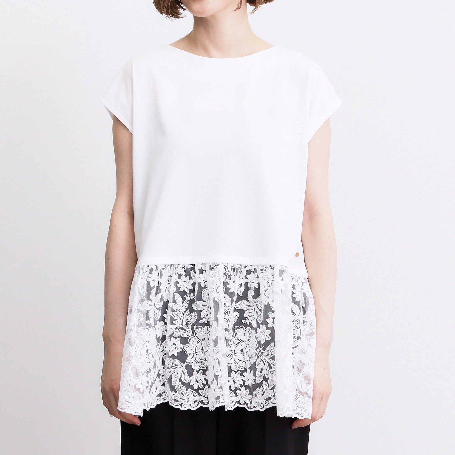 grove「【体型カバー】刺繍チュールレースドッキングカットソー」|Tシャツ・カットソー|