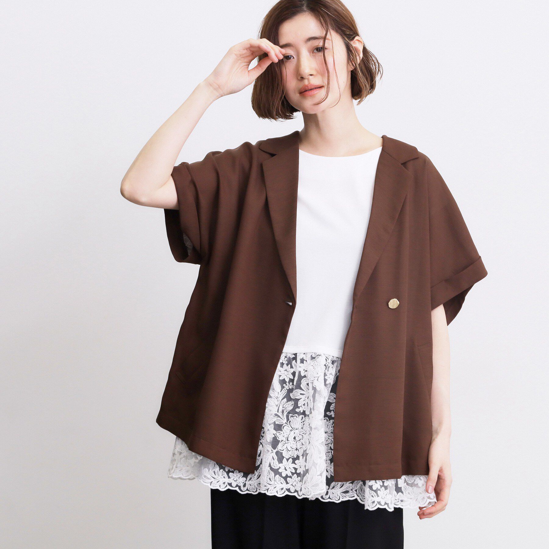 grove「【体型カバー】刺繍チュールレースドッキングカットソー」|Tシャツ・カットソー|