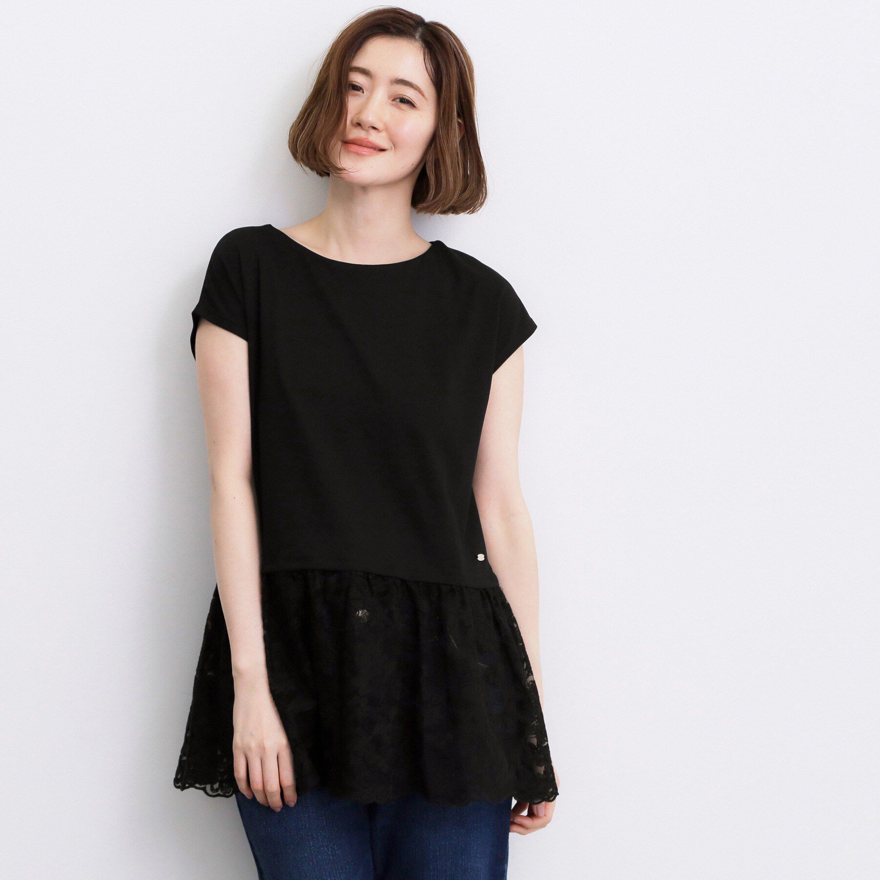 grove「【体型カバー】刺繍チュールレースドッキングカットソー」|Tシャツ・カットソー|