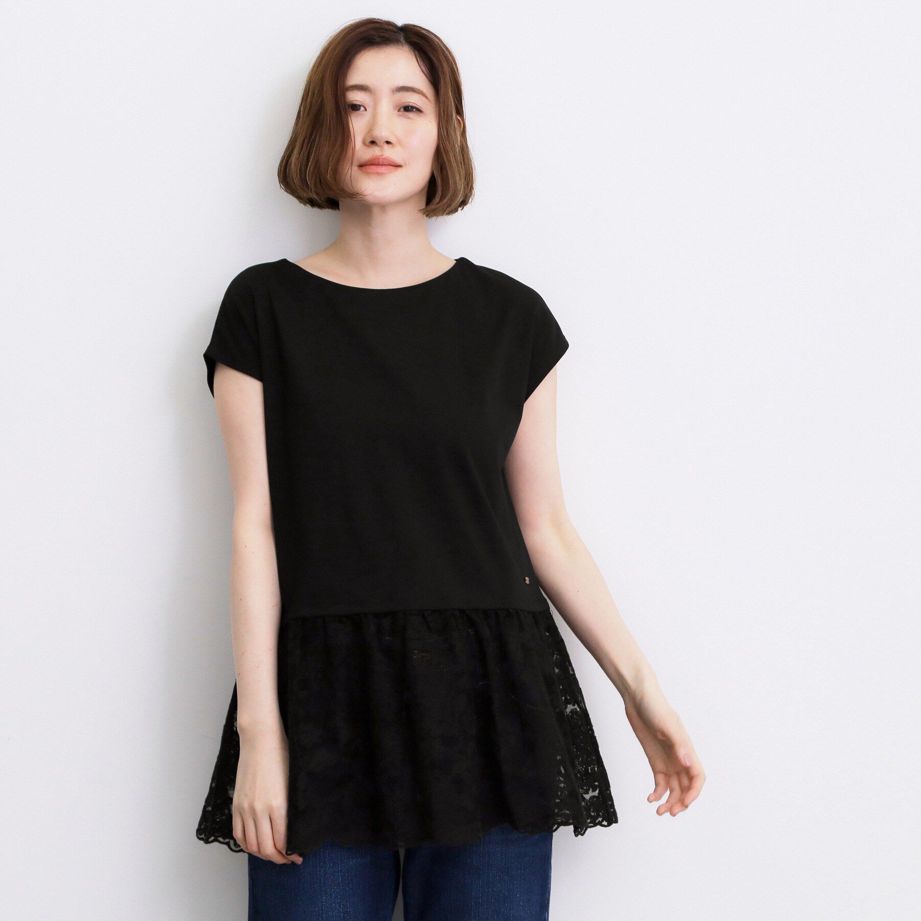 grove「【体型カバー】刺繍チュールレースドッキングカットソー」|Tシャツ・カットソー|ブラック(019)