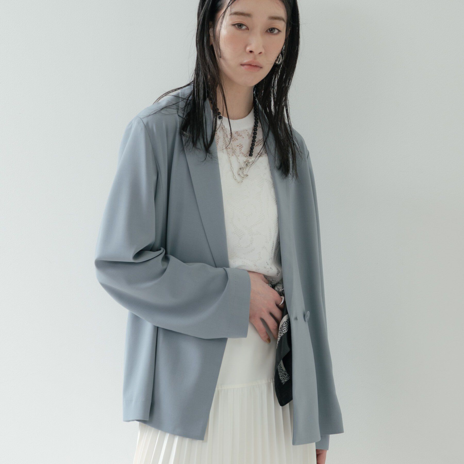 GALLEST「Comfy SET UP｜ダブルブレストイージージャケット【セットアップ対応／通勤／カセット服／接触」|テーラードジャケット|ブルー(091)