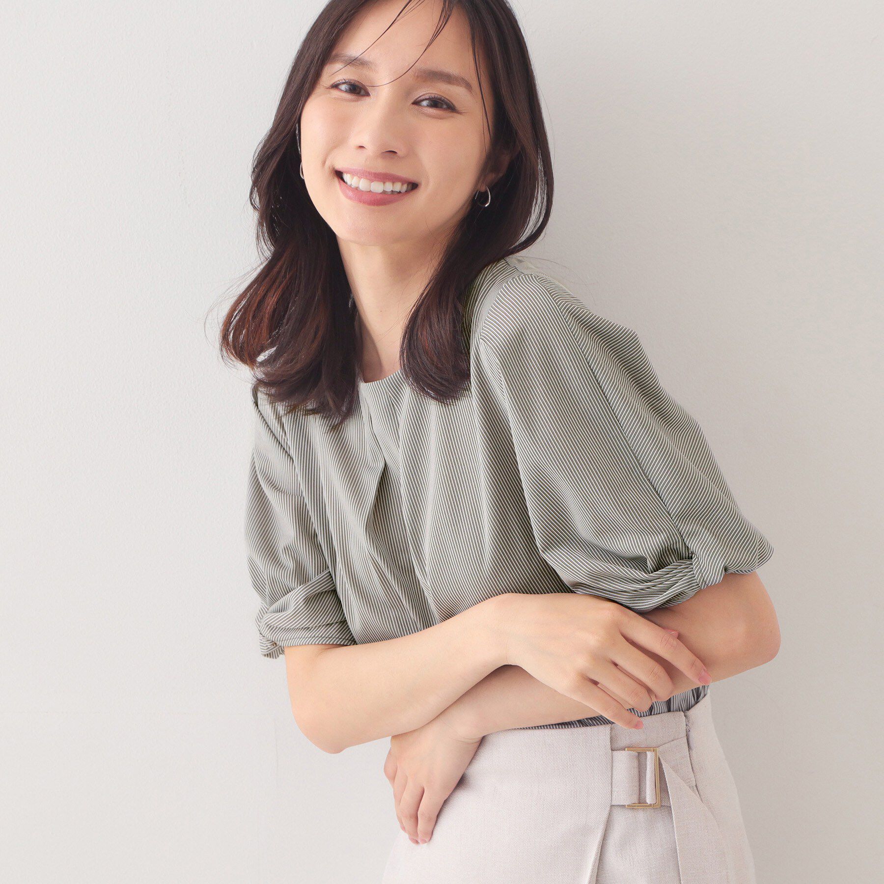 index「【吸水速乾】ストライプ調デザインスリーブトップス《洗濯機OK》」|Tシャツ・カットソー|ブラウン(344)