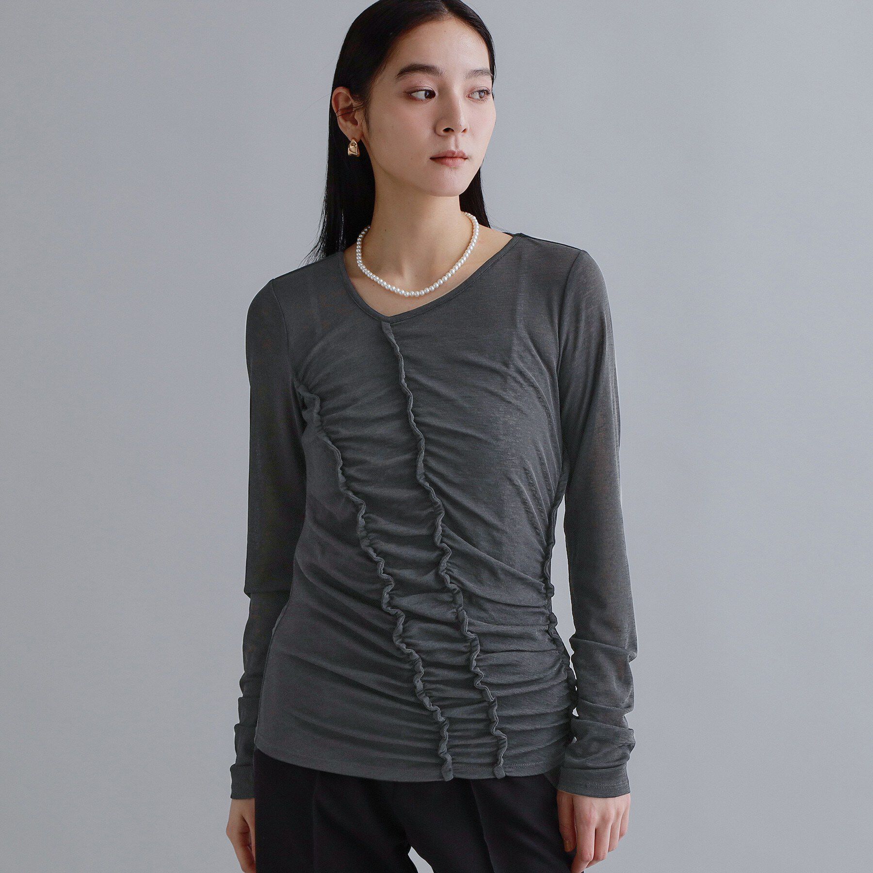 OPAQUE.CLIP「【es】アシンメトリーシャーリング シアーカットソー【洗濯機OK】」|Tシャツ・カットソー|チャコールグレー(0