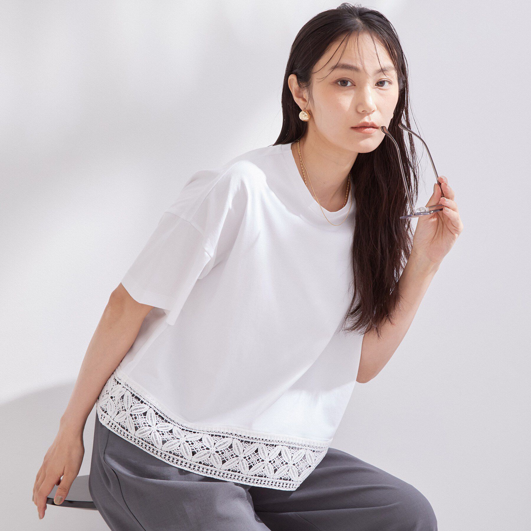 OPAQUE.CLIP「裾レースカットソー【洗濯機OK】」|Tシャツ・カットソー|ホワイト(001)
