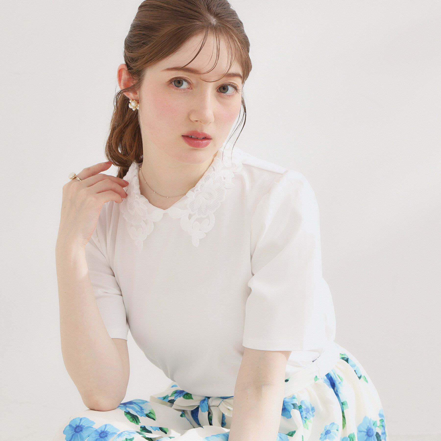 Couture broach「【UVカット・接触冷感・洗える】襟レース トップス」|Tシャツ・カットソー|オフホワイト(003