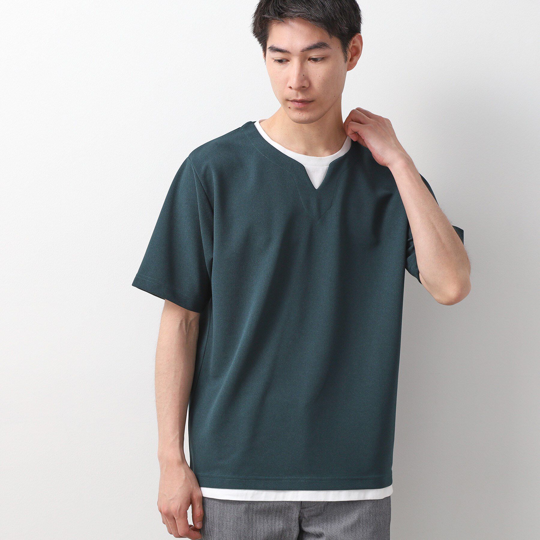 THE SHOP TK「ツイルキーネック 半袖Tシャツ 接触冷感/洗濯機OK」|Tシャツ・カットソー|グリーン(024)