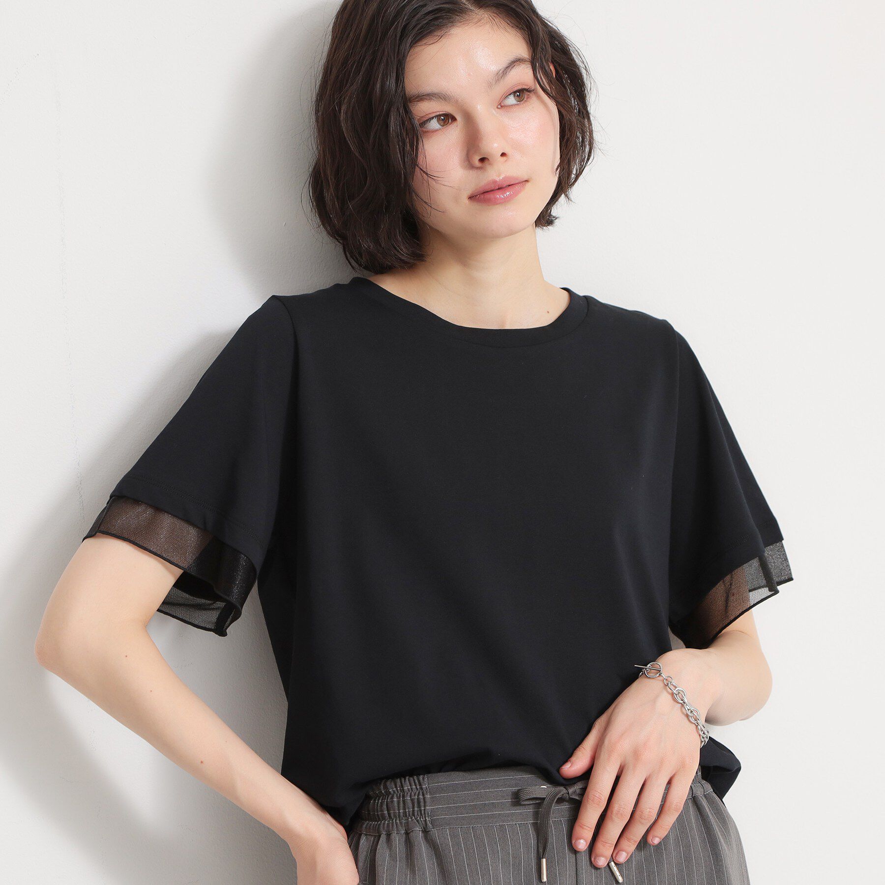 THE SHOP TK「【M-XL/ひんやり】上品な透け感 袖口シアーTシャツ」|Tシャツ・カットソー|ブラック(019)