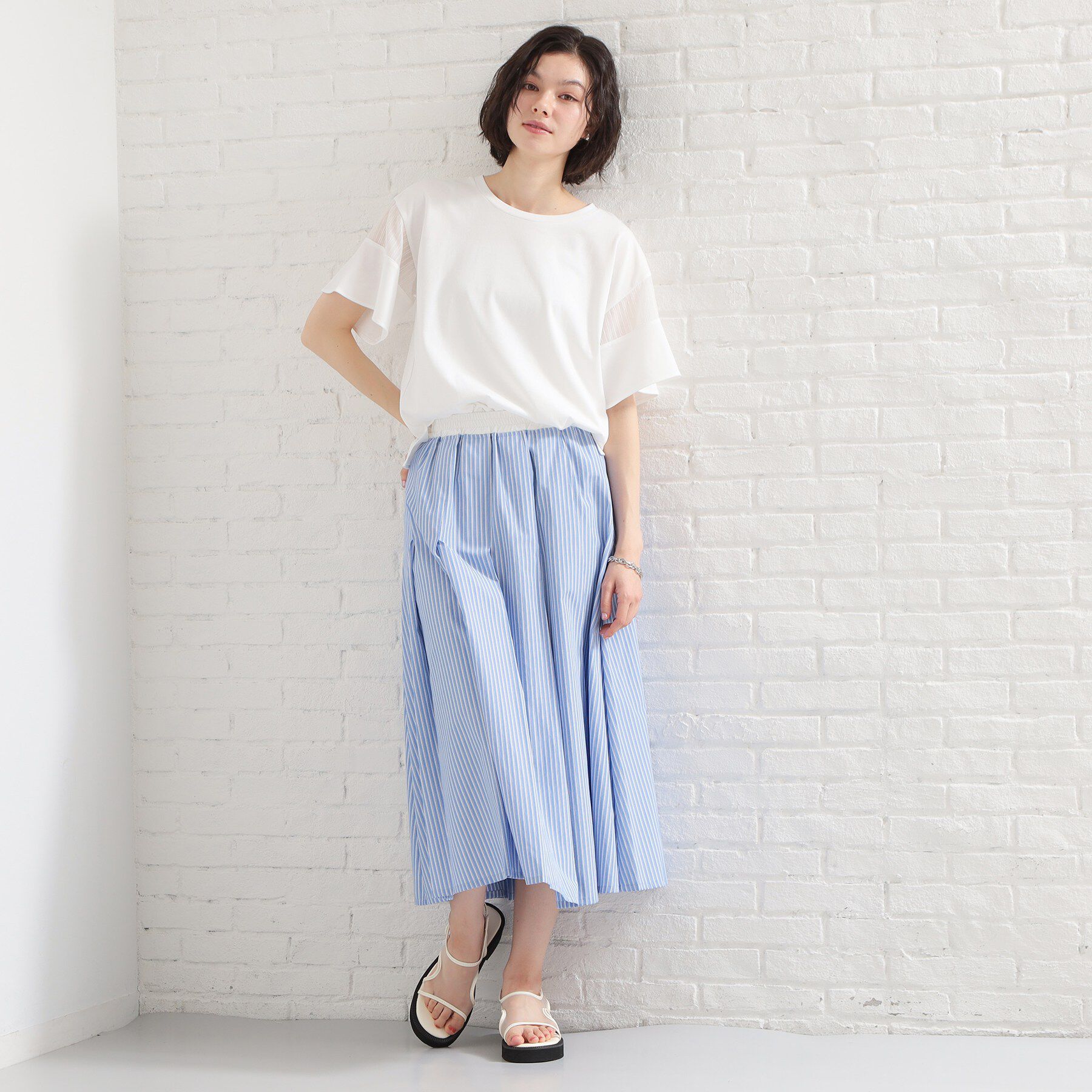 THE SHOP TK「【ひんやりさらさら】軽やかに揺れる シアーフレアスリーブTシャツ」|Tシャツ・カットソー|