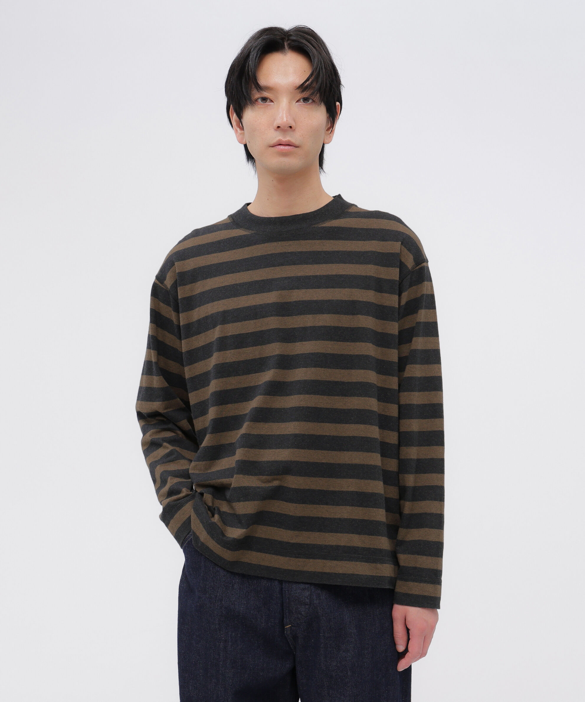 MHL.「LIGHT COTTON MELANGE STRIPE TOP」|Tシャツ・カットソー|BROWN