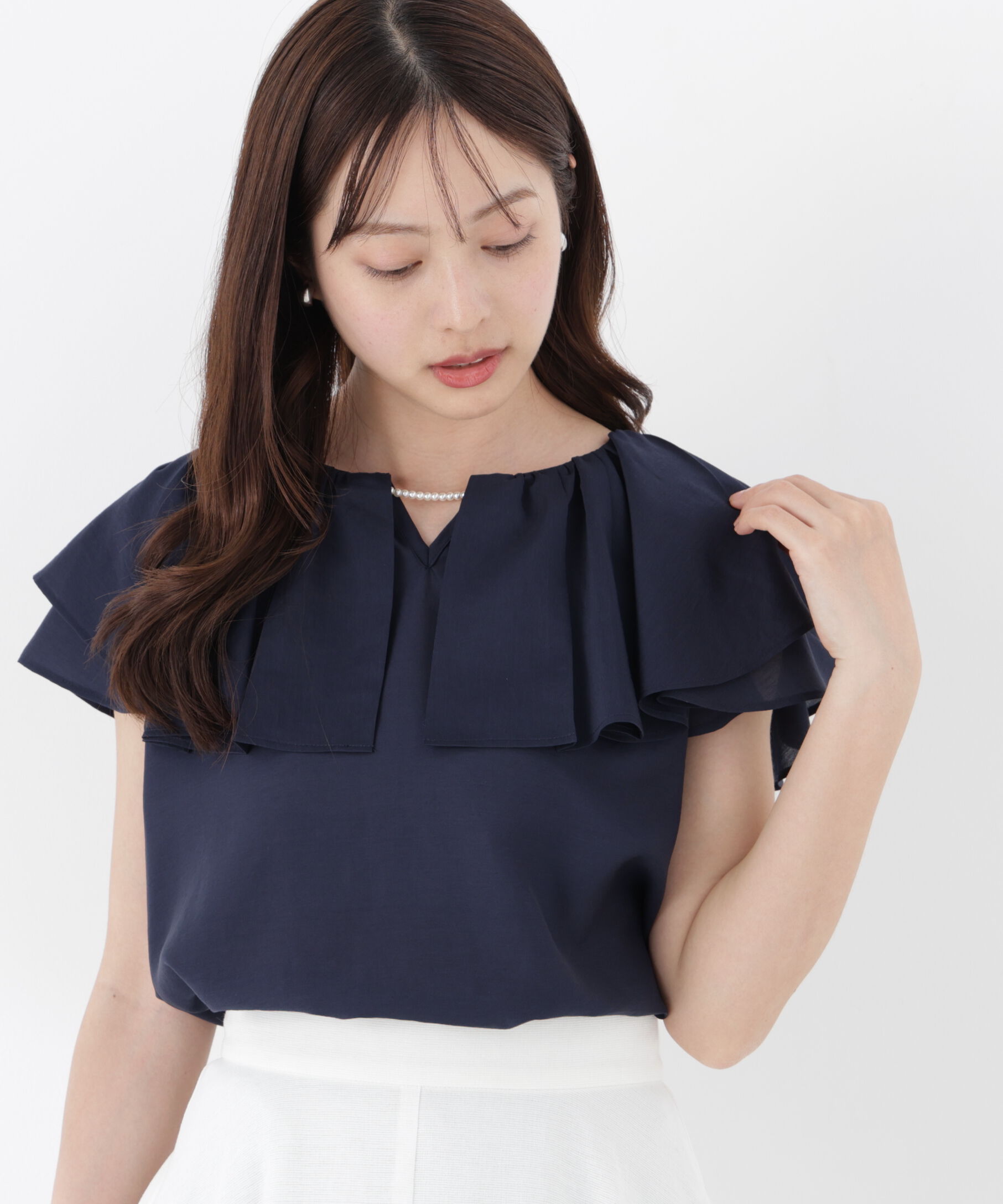PROPORTION BODY DRESSING「パール付きラッフルブラウス」|シャツ・ブラウス|ネイビー