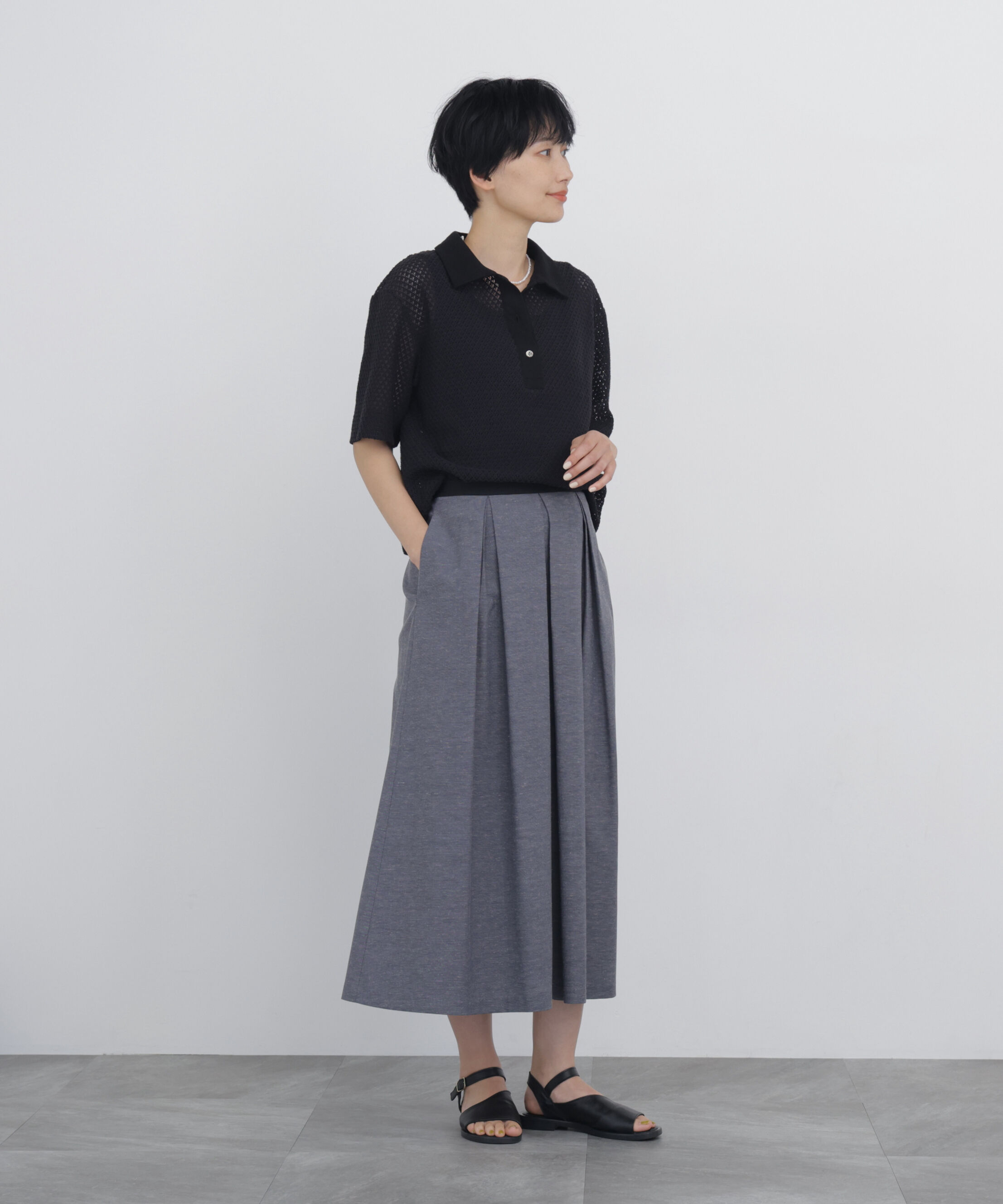  「◆≪清涼アイテム / 洗える≫ リーフ格子レース　ポロＴシャツ」|Tシャツ・カットソー|