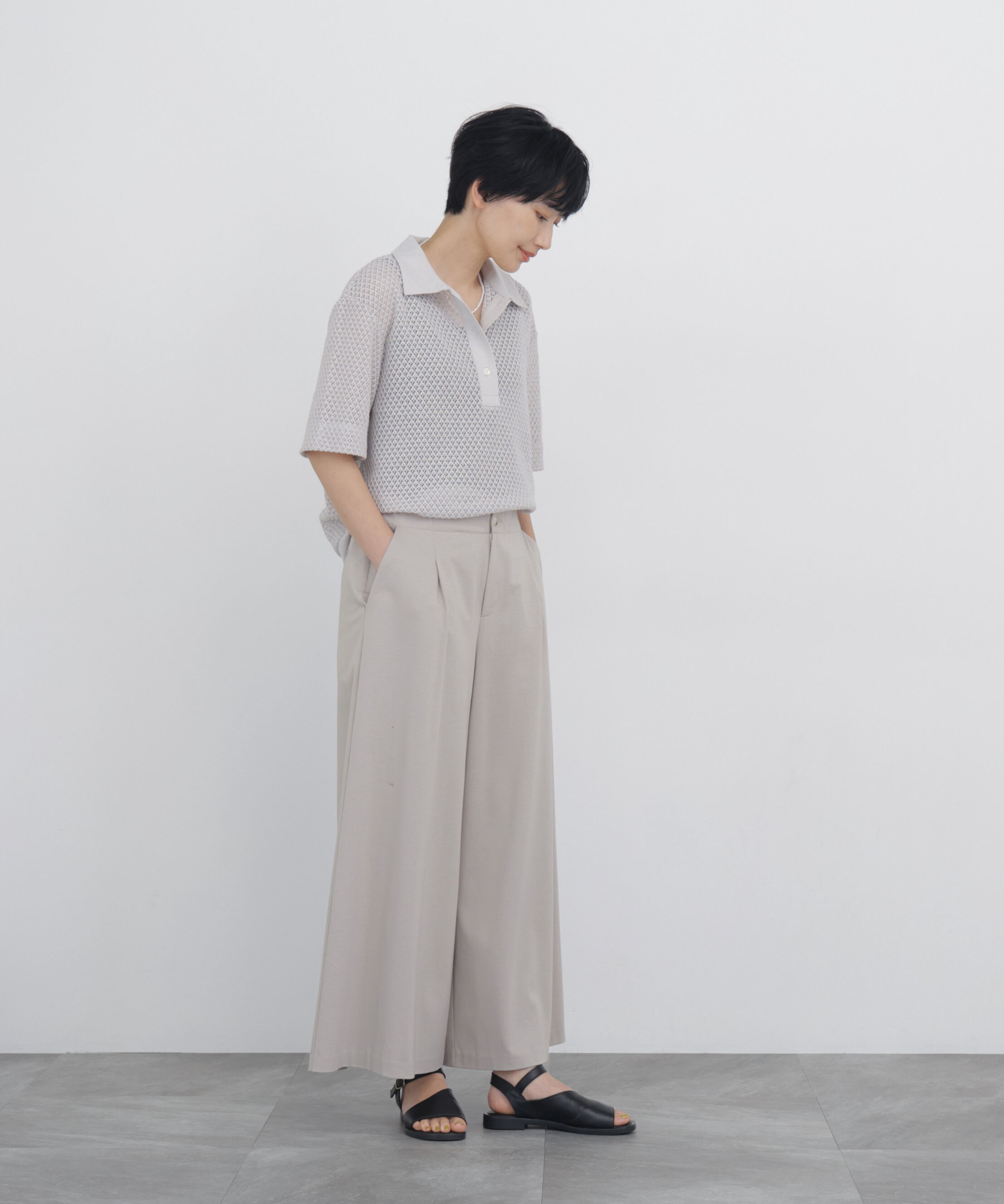  「◆≪清涼アイテム / 洗える≫ リーフ格子レース　ポロＴシャツ」|Tシャツ・カットソー|