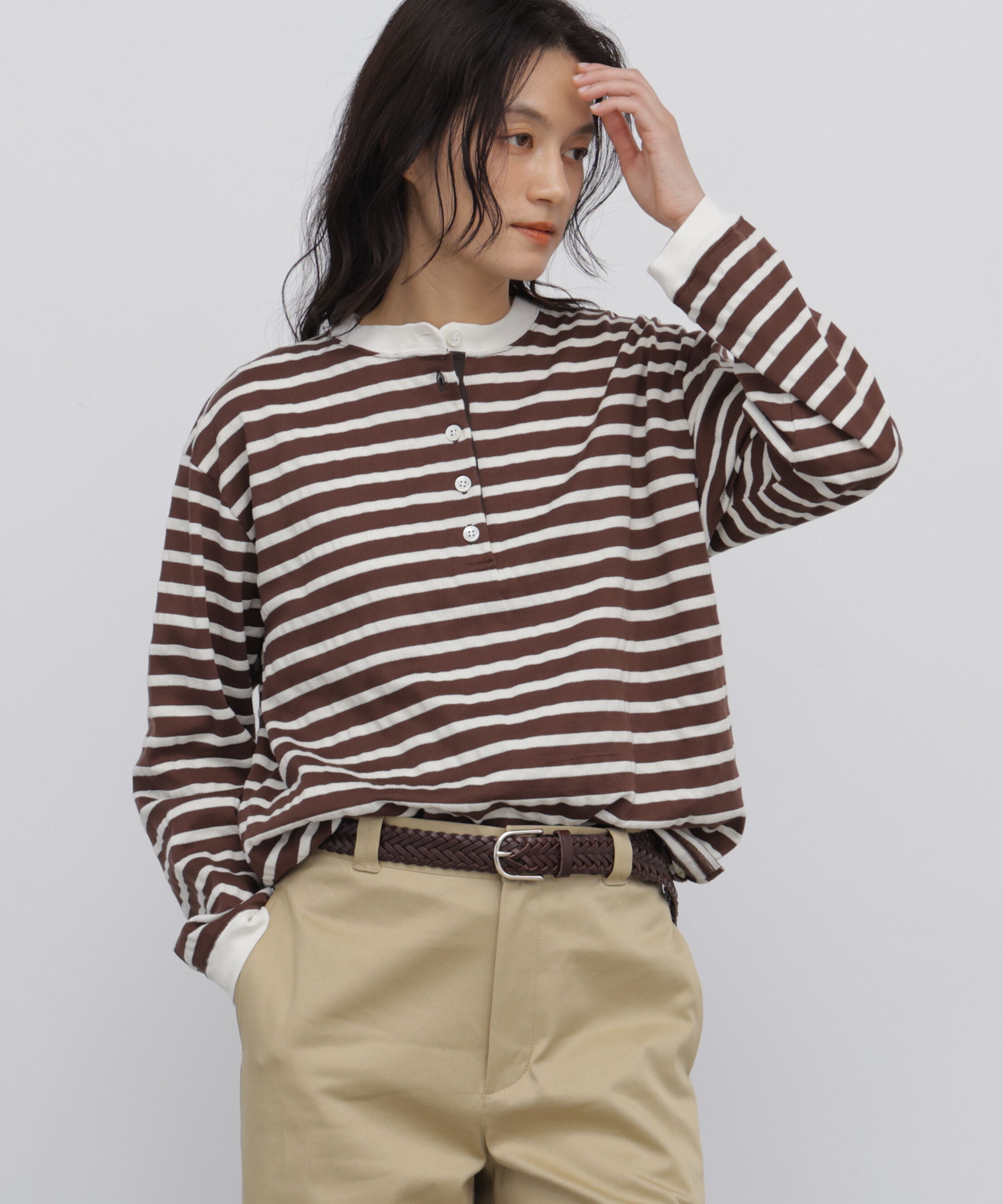  「◆タック天竺ボーダーシャインソフト」|Tシャツ・カットソー|ブラウンxエク3
