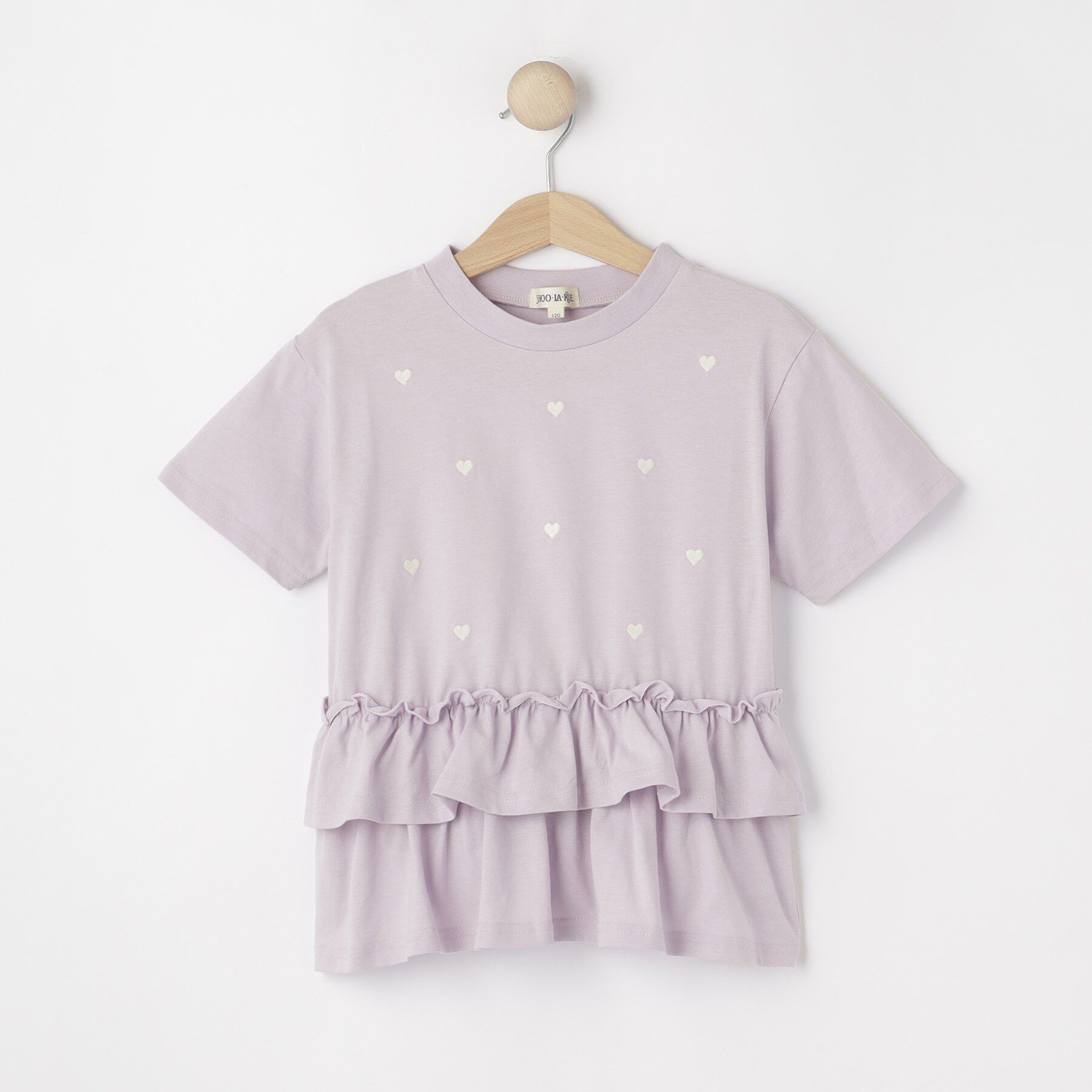 SHOO･LA･RUE「【100-150cm】裾フリルハート刺繍Tシャツ」|Tシャツ・カットソー|