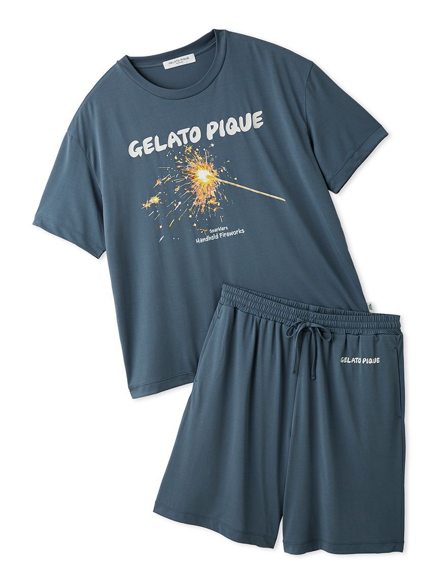 GELATO PIQUE HOMME「【HOMME】【MINT SORBET by HEIQ MINT】【接触冷感】夏祭りワンポイントTシャツ&ハーフパンツセット」|ルームウェア|NVY