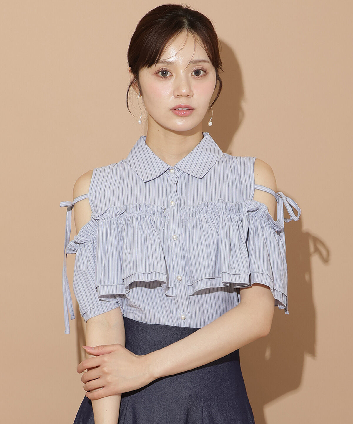 WILLSELECTION「ナローリボンオフショルブラウス」|シャツ・ブラウス|Navy/borderｽﾄﾗｲﾌﾟ
