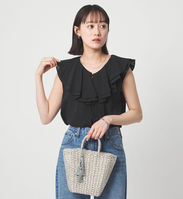 UNITED ARROWS green label relaxing「100/2 ラッフルカラー ノースリーブ ブラウス」|シャツ・ブラウス|BLACK