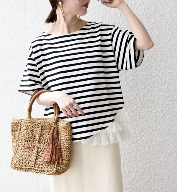 SHIPS any「SHIPS any:〈洗濯機可能〉レース ヘム アシンメトリー ショートスリーブ TEE」|Tシャツ・カットソー|ホワイト