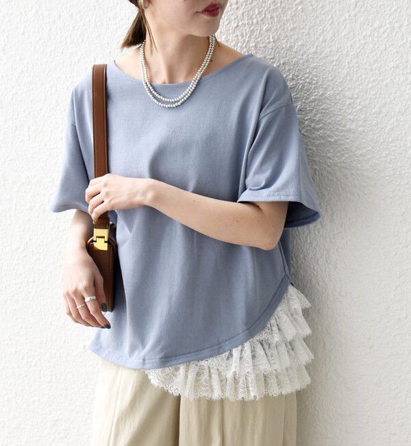 SHIPS any「SHIPS any:〈洗濯機可能〉レース ヘム アシンメトリー ショートスリーブ TEE」|Tシャツ・カットソー|