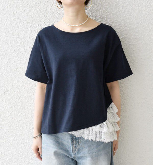 SHIPS any「SHIPS any:〈洗濯機可能〉レース ヘム アシンメトリー ショートスリーブ TEE」|Tシャツ・カットソー|