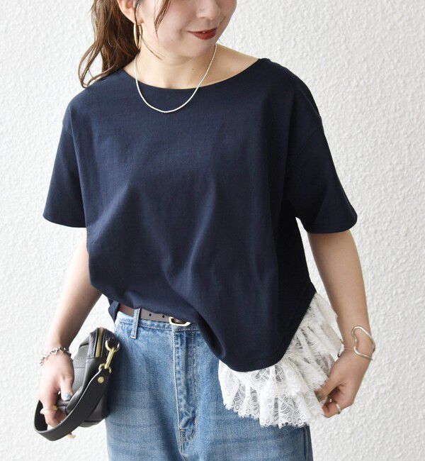 SHIPS any「SHIPS any:〈洗濯機可能〉レース ヘム アシンメトリー ショートスリーブ TEE」|Tシャツ・カットソー|