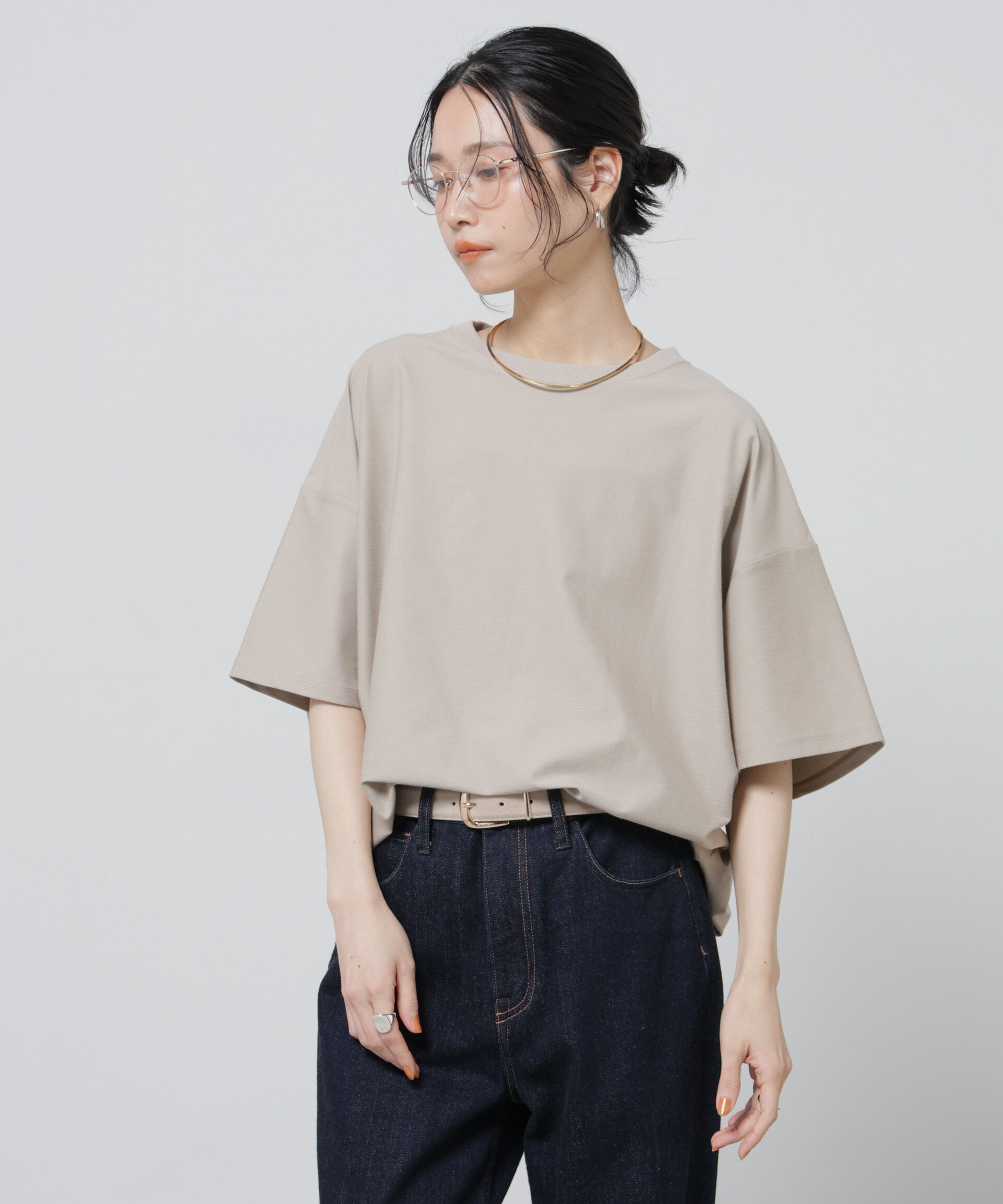 NANO universe「「Meaningful Continuity」coveross(R)ツイル調冷感プレーティング天竺Tシャツ」|Tシャツ・カットソー|ベージュ