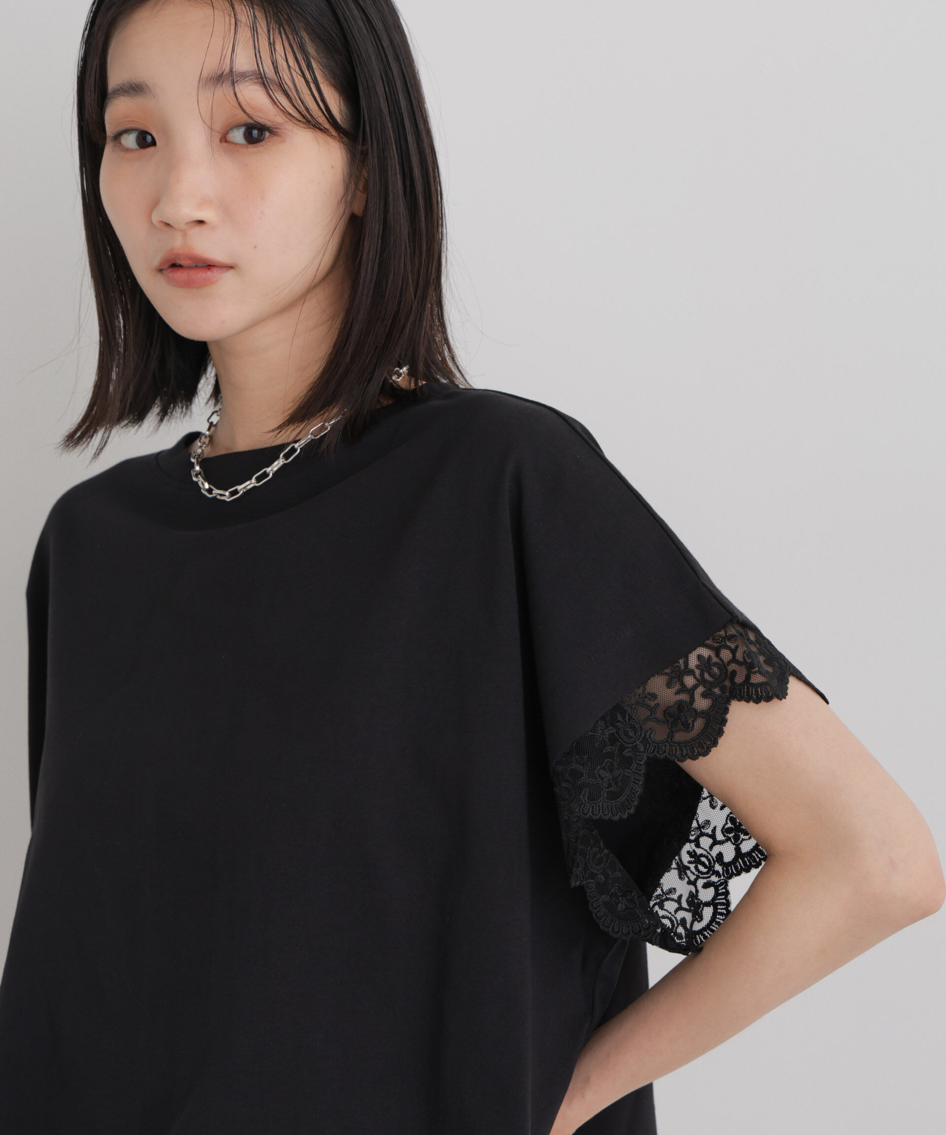 NANO universe「レースカフドルマンワイドカットトップス」|Tシャツ・カットソー|ブラック